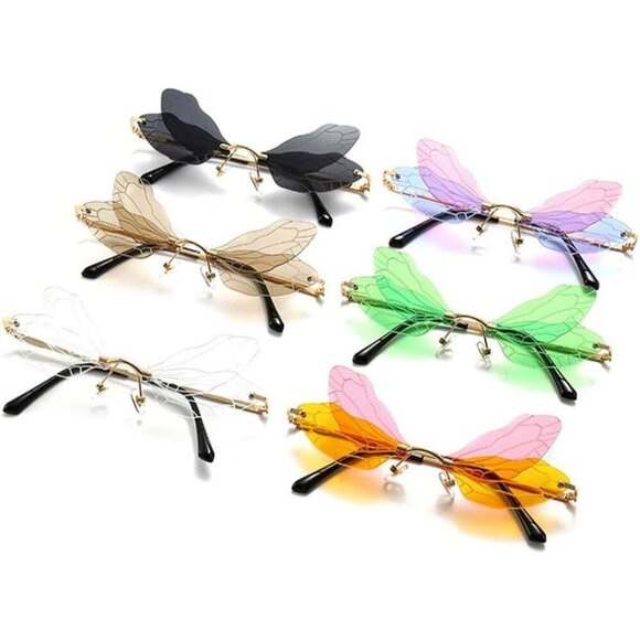 ?Women Blue Dragonfly Wing Shape Frameless Irregular Shades Party Sun Glasses